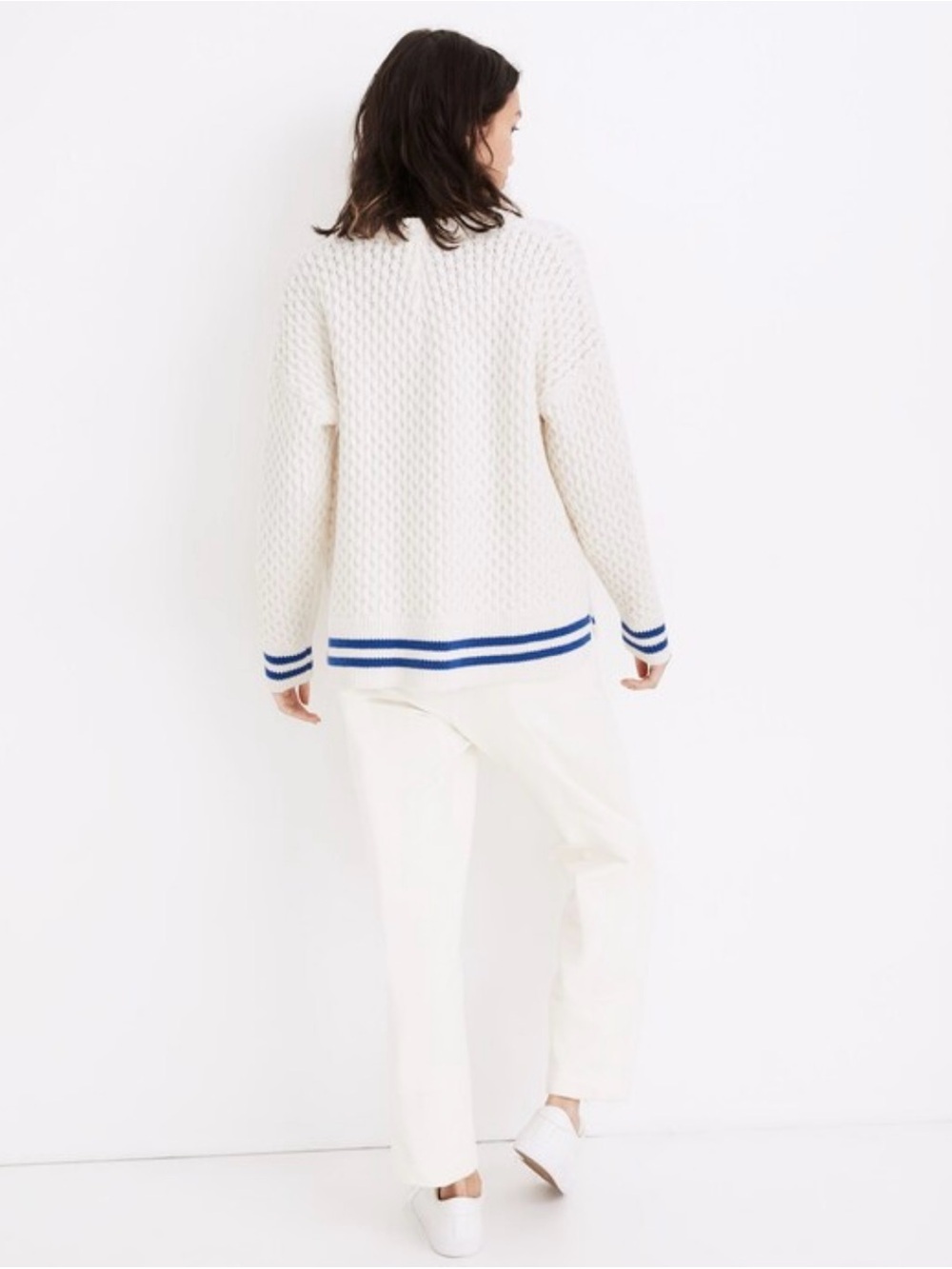 Madewell White Cable Knit Sweater with Blue Stripe Trim - Picture 3 of 10